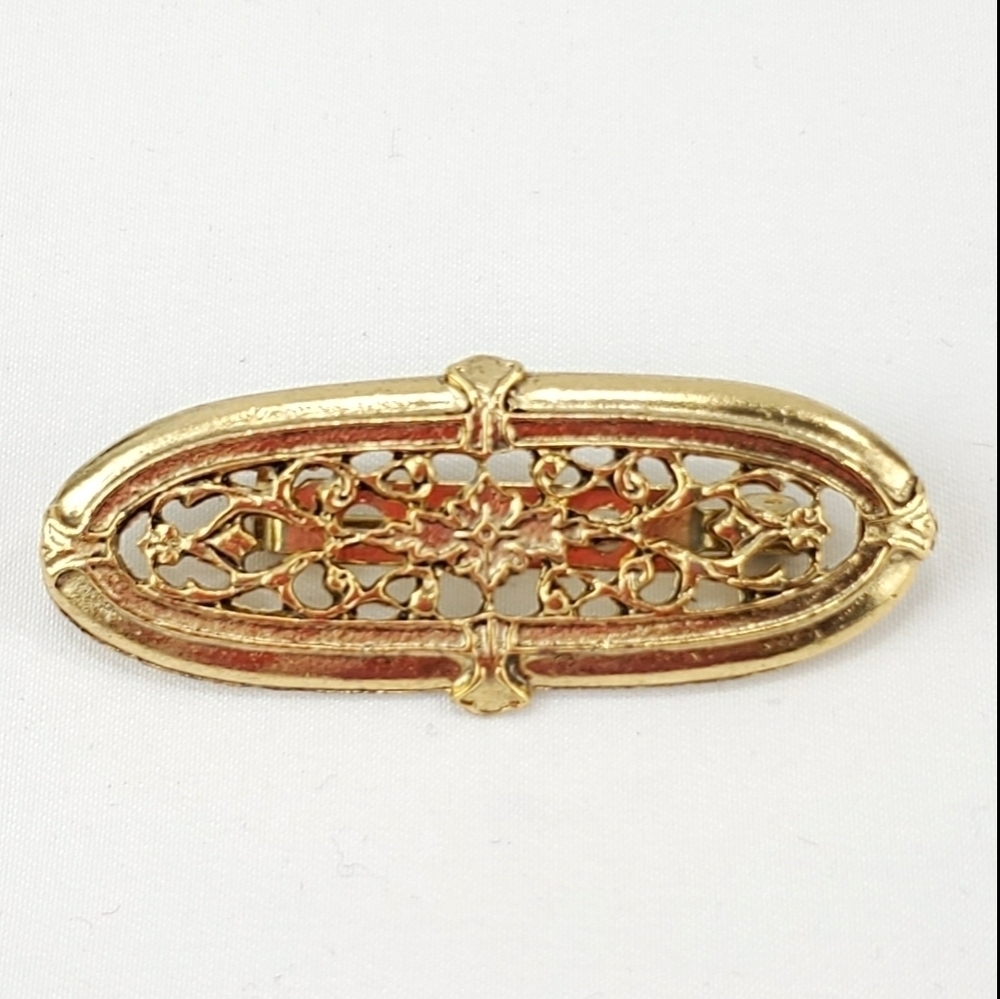 Vtg Brooch Oval Metal Pin Gold-Tone Carved Paisley 2”X.75” Antique-Look Unsigned